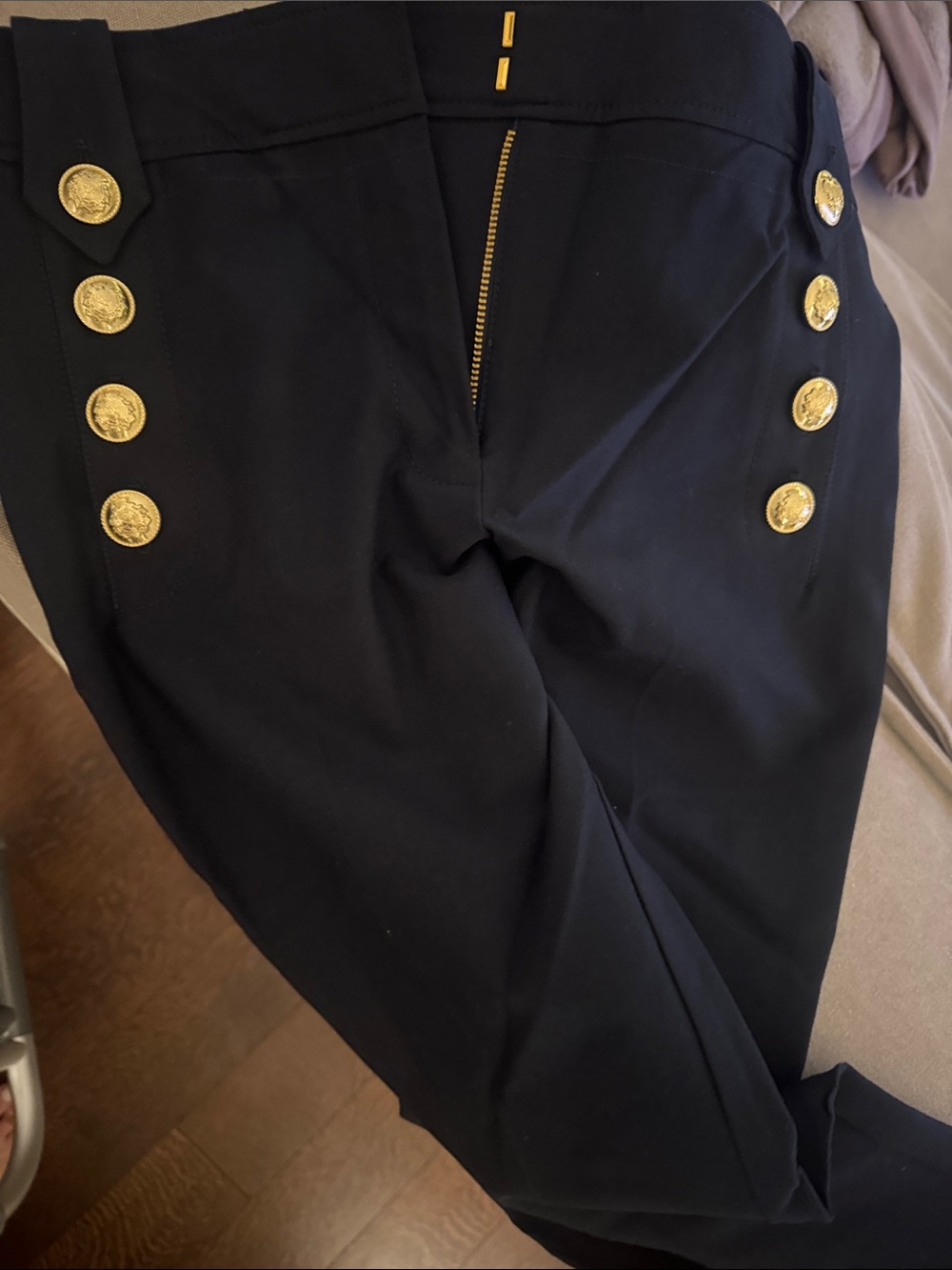 Woman’s Navy Dress Pants with Gold Button Detail